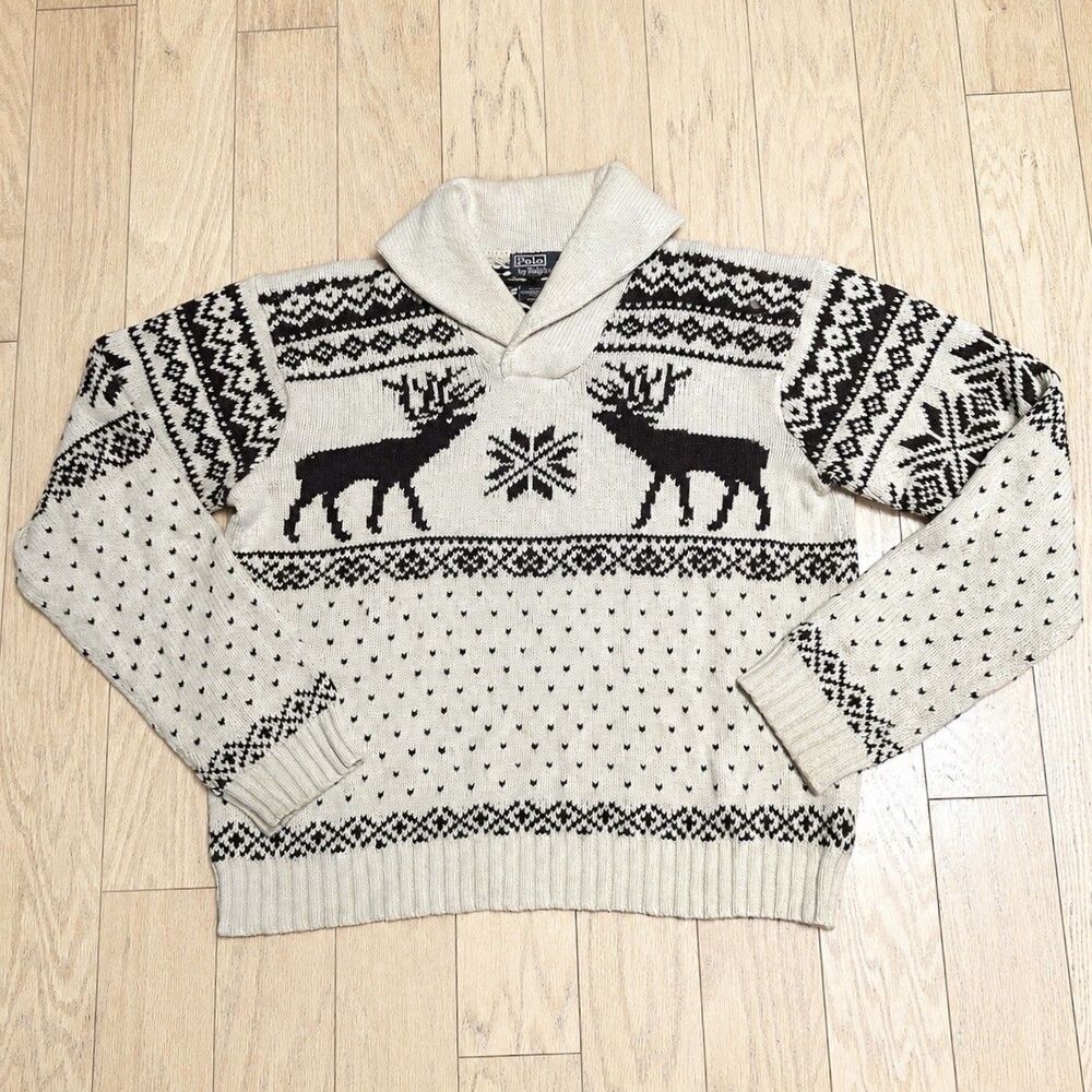 Vintage Y2K Polo Ralph Lauren Moose Fair Isle Shawl Collar Sweater‎ XL